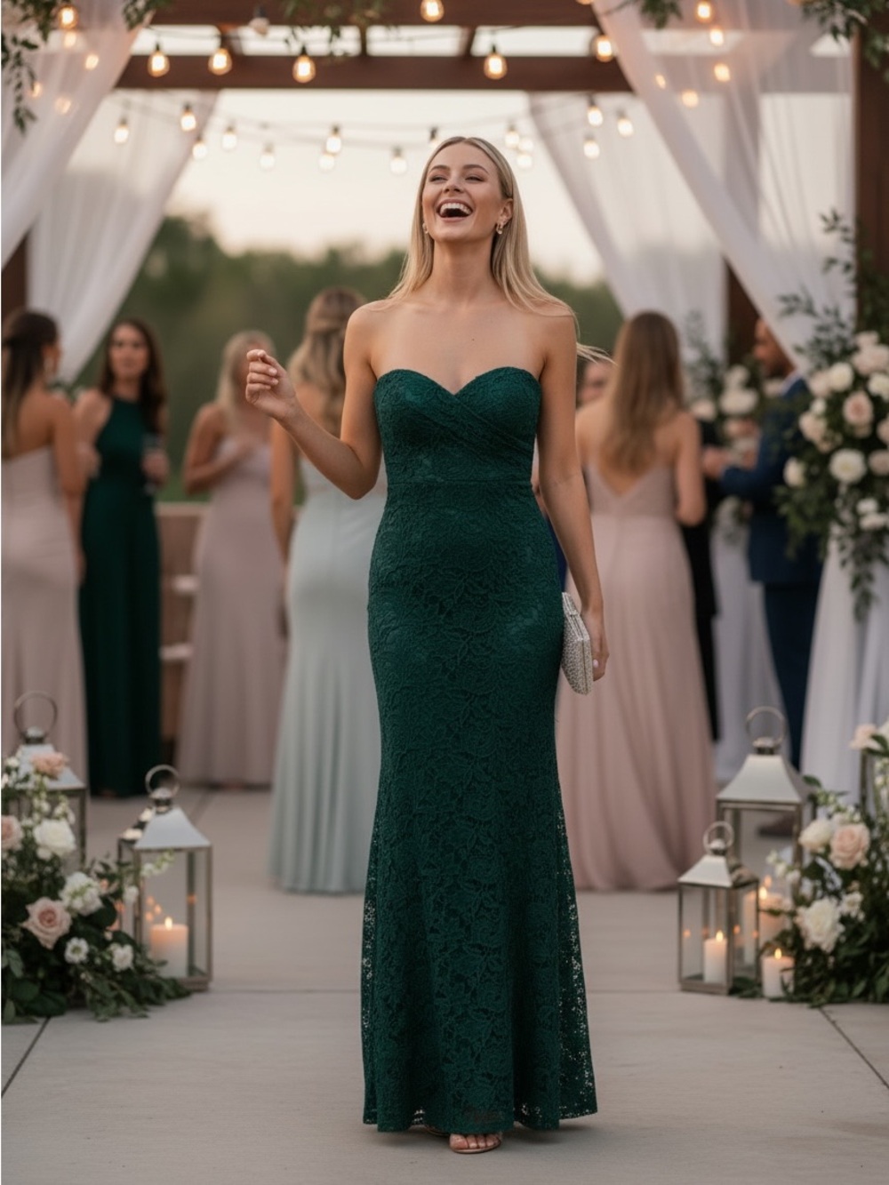 Lulus Dark Green Lace Strapless Maxi Dress Size S